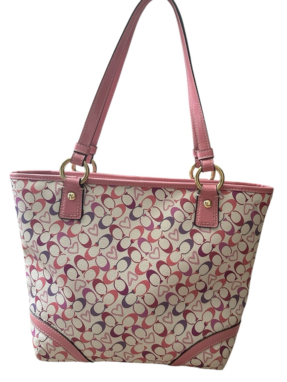Coach Heritage Bias Signature Heart Tote Bag F18426 Pink Multi Canvas NWOT - Picture 4 of 15